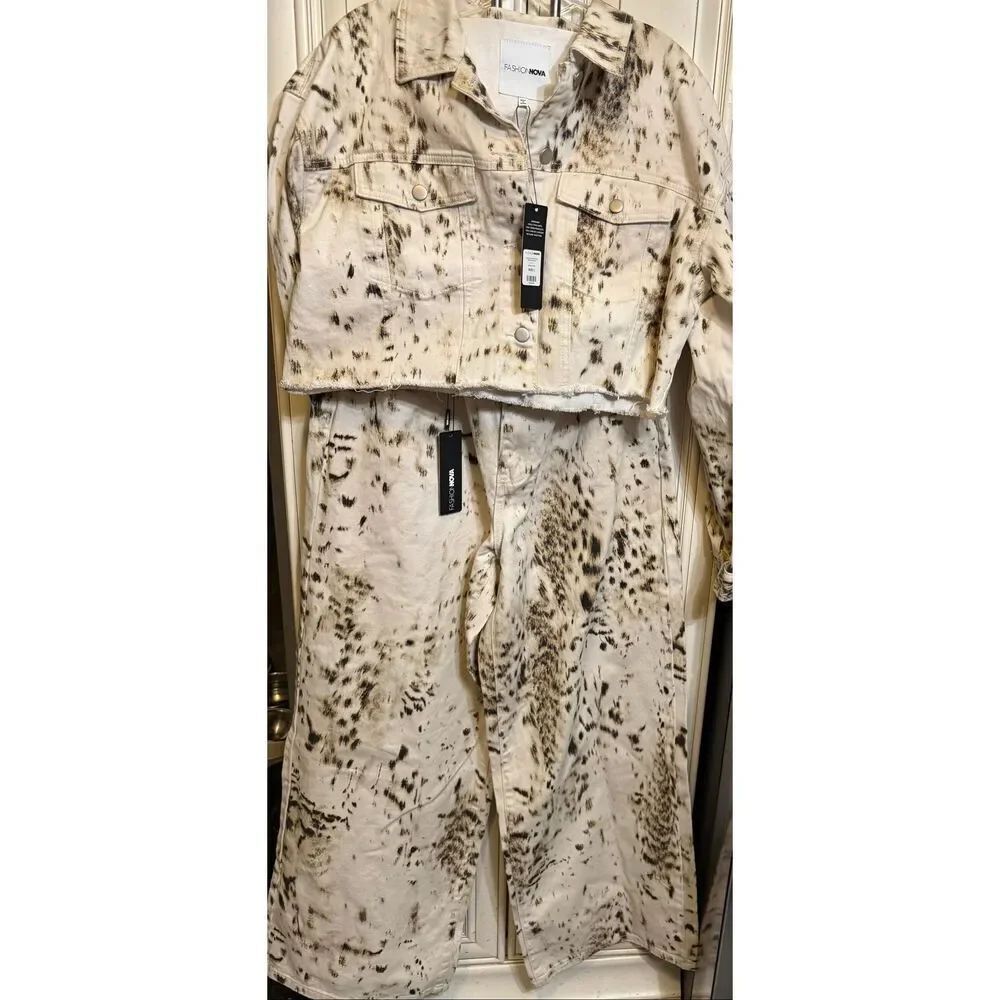 Fashion Nova Womens Calexico Jacket & Wide Leg Jean Set White Combo Large/15 NWT